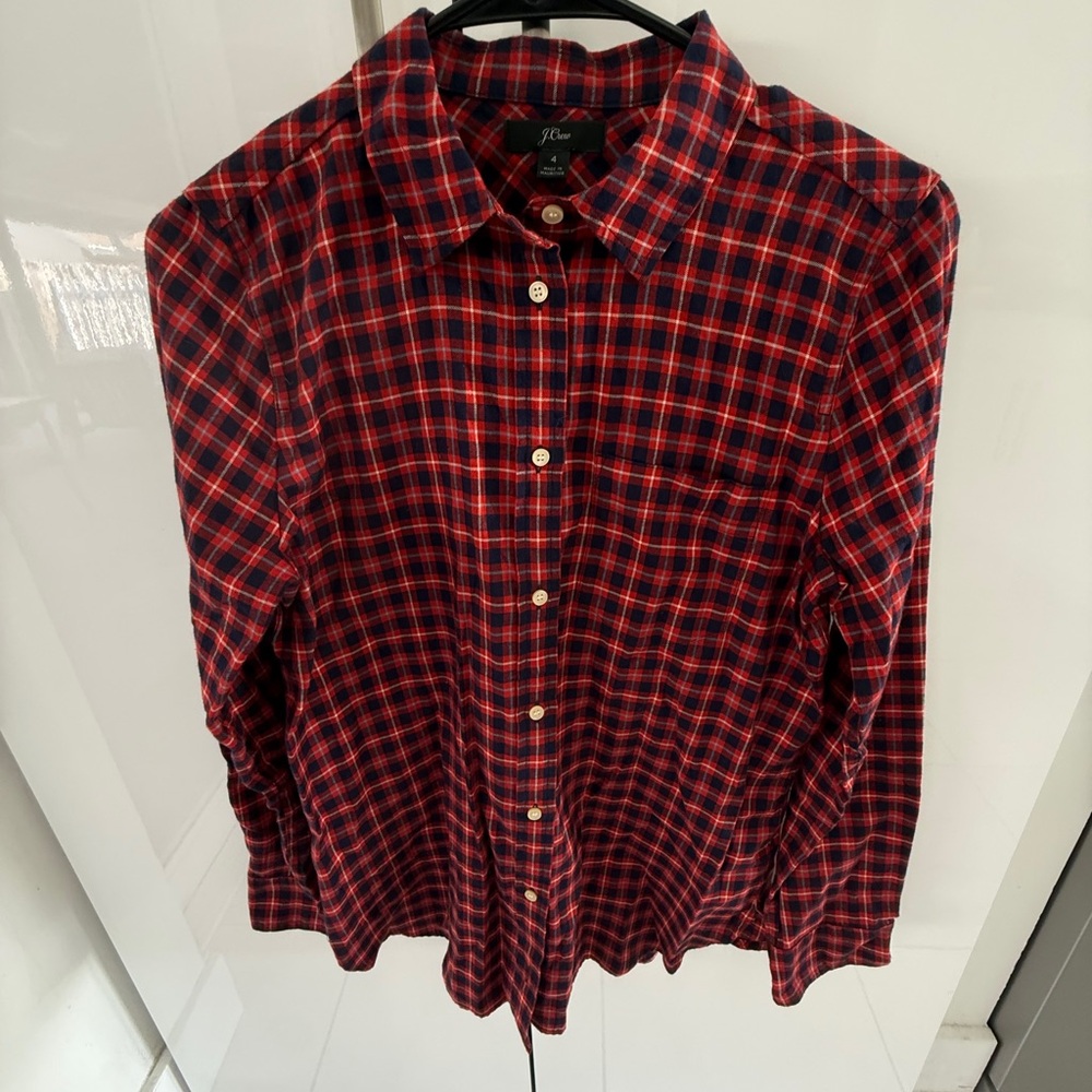J. Crew Red and Navy Plaid Cotton Button-Down Shirt
